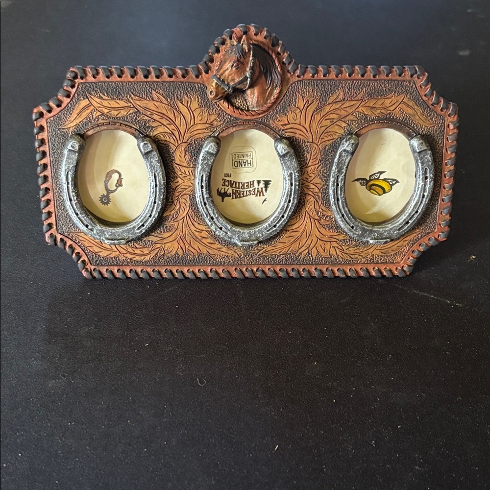 Western Horse Triple Photo Frame with Horseshoe Accents